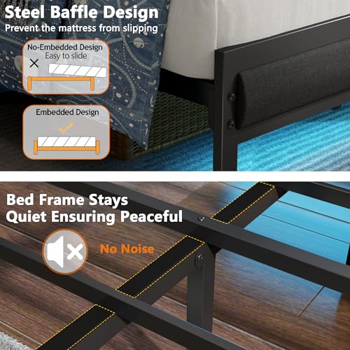 Full Size Bed Frame with Storage Shelf and Upholstered Headboard