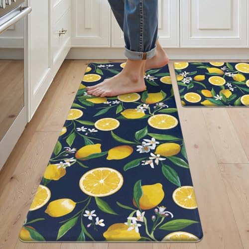 SHACOS Anti Fatigue Lemon Kitchen Rugs Mats Set of 2 Pieces Non Slip Soft Cushioned Standing Desk Mats Wipeable Waterproof Floor Mat for Kitchen Laundry, 17"x27.5"+17"x47", Dark Blue