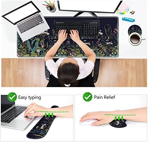AIMSA Large Gaming Mouse Pad Set, Keyboard Wrist Rest Support + Extended Mouse Pad + Mouse Wrist Cushion + Coaster, Ergonomic Multifunctional Desk Mat 35x15.7in Anti-Slip Rubber Base (Flowers Plants)