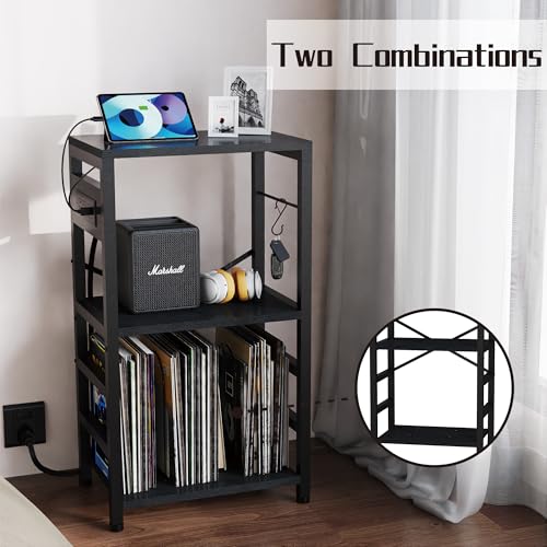 End Table with LED Light, Record Player Stand with Charging Station