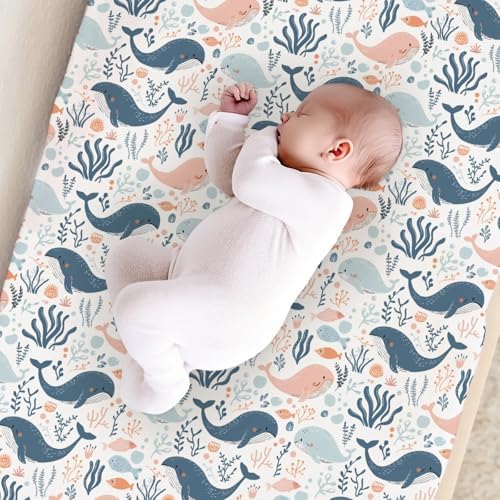 Cartoon Sea Animals Fishes Pattern Baby Changing Pad Cover, Unisex Ocean Whale Nursery Diaper Changing Table Pad Mat Sheet for Boys Girls-16x32