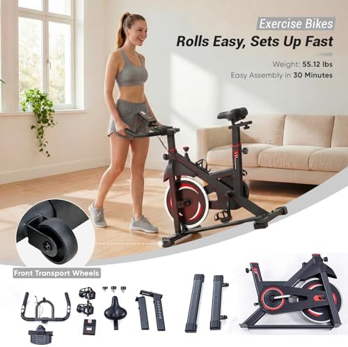 Exercise Bike with APP, Stationary Bikes for Home, Workout Bike for Adults & Seniors, Cycle Machine, Adjustable Height and Resistance, Low Noise, 265lbs Weight Capacity, Easy Assembly