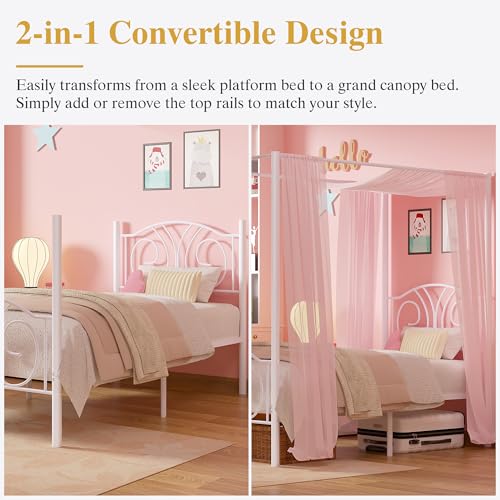 Twin Canopy Bed Frame, Vintage Scrollwork Headboard, Pure White