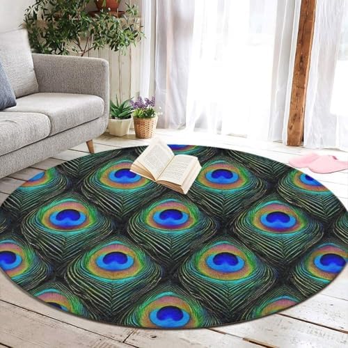 Soft Round Yoga Carpet, Large Home Decor Mat, Non Slip Machine Washable Kitchen Office Circle Rug Peacock Feathers
