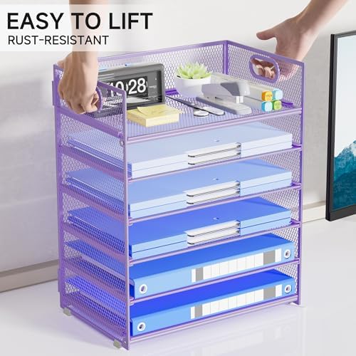 Purple Paper Organizer for Desk with Handle, 6-Tier