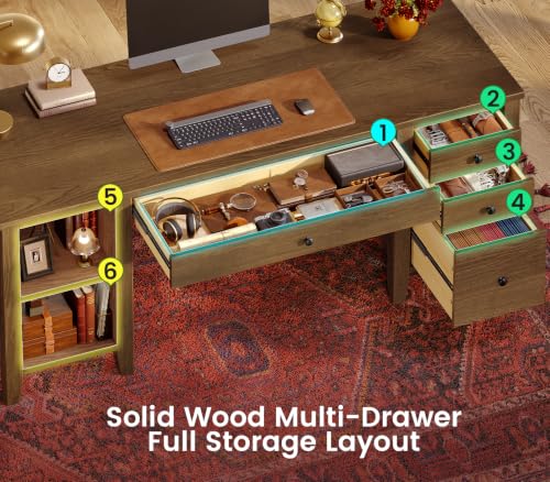 Solid Pine Wood Computer Desk, 58'' Executive Home Office Desk with 4 Wood Drawers and Storage Shelves for Work Study Writing, Brown