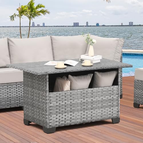 Outdoor PE Wicker Coffee Table - Patio Rattan Garden Furniture Multi-Functional Storage Tea Dining Table, Grey