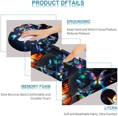 ARTSO Ergonomic Mouse Pad with Wrist Rest, Comfortable Keyboard Wrist Rest, Memory Foam Mousepad for Computer Keyboard, Mouse Pad Set for Easy Typing, Pain Relief, Night Butterfly