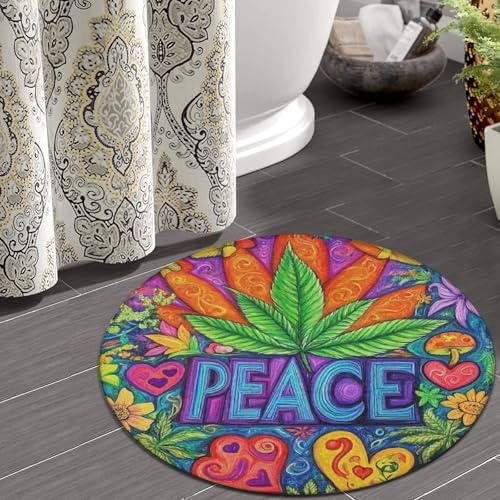 Room Sofa Yoga Soft Round Carpet, Home Decor Non Slip Kitchen Office Circle Rug, Machine Washable Modern Round Area Rug Peace and Love Colorful Flower Weed Leaf, 36inch