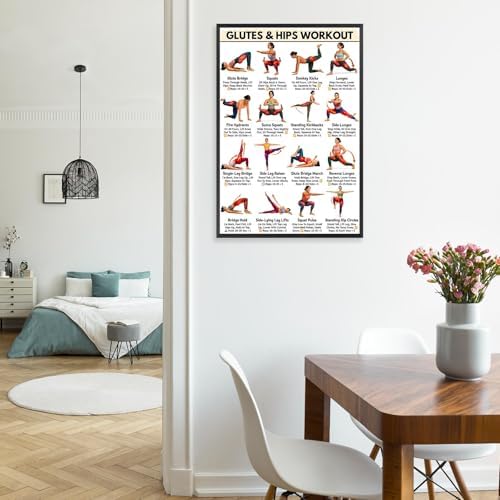 Glutes & Hips Workout Exercise Poster, 16 Illustrated Lower Body Training Moves Chart with Rep Ranges, Bodyweight Butt & Hip Tutor Guide for Home Gym Beginner Fitness Training and Glute Sculpting Reference(12x18inchs，Black Framed)