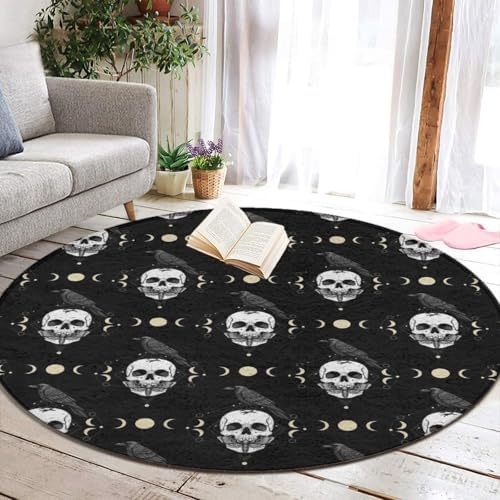 Women's Large Home Decor Mat, Soft Round Yoga Carpet, Non Slip Machine Washable Home Office Circle Rug Black Raven Moon Skull, 60inch