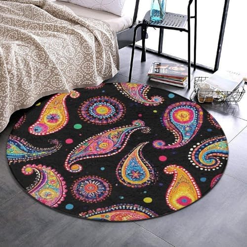 Machine Washable Modern Round Area Rug, Room Sofa Yoga Soft Round Carpet, Home Decor Non Slip Kitchen Office Circle Rug Colorful Paisley Art, 60inch