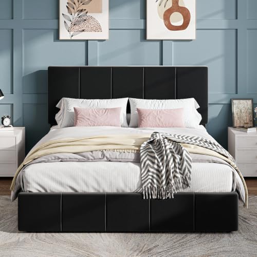 Queen Size Bed Frame, Velvet Upholstered Platform Bed, Black