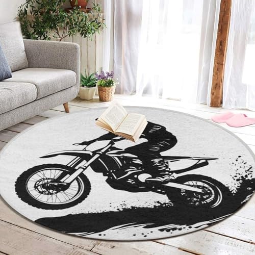 Soft Round Yoga Carpet, Office Chair Decor Round Mat for Carpet and Hardwood Floors Motocross Racer Extreme Sports Printed Dirt Bike