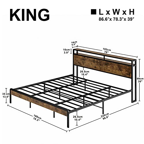 King Size Bed Frame, Platform Bed with 2-Tier Storage Headboard