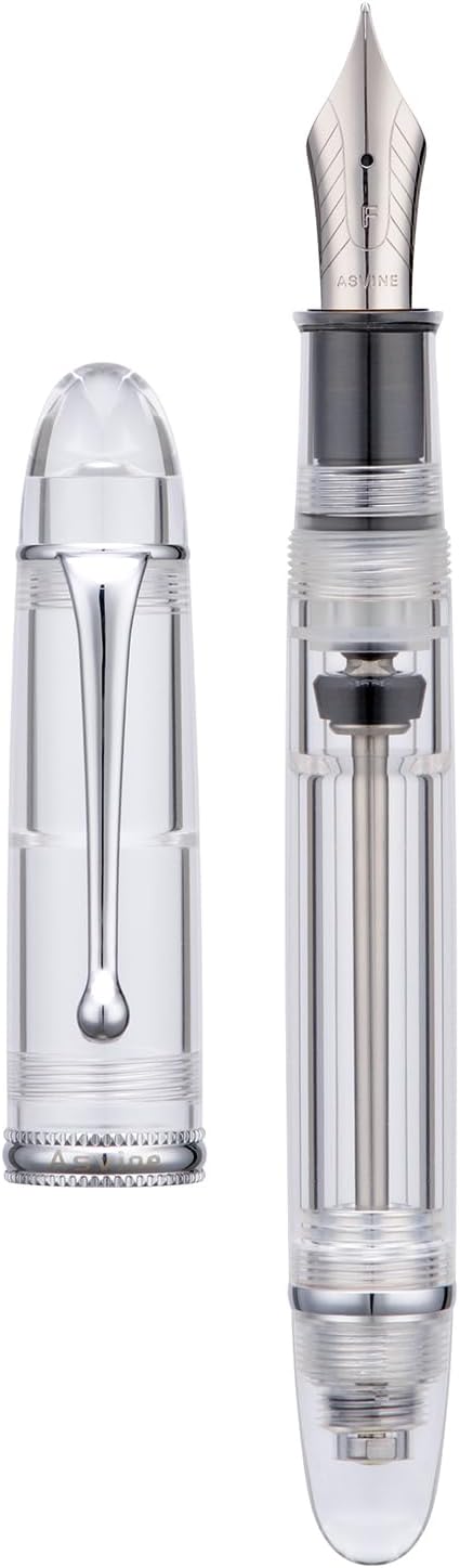 Asvine V800 Fountain Pen - Vacuum Filling System with Large Ink Capacity - Smooth Number 8 Medium Nib with Gift Case and Wrench - Clear Silver Acrylic