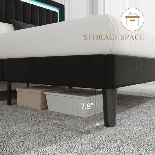 Queen Size Velvet Bed Frame with LED Light, Black