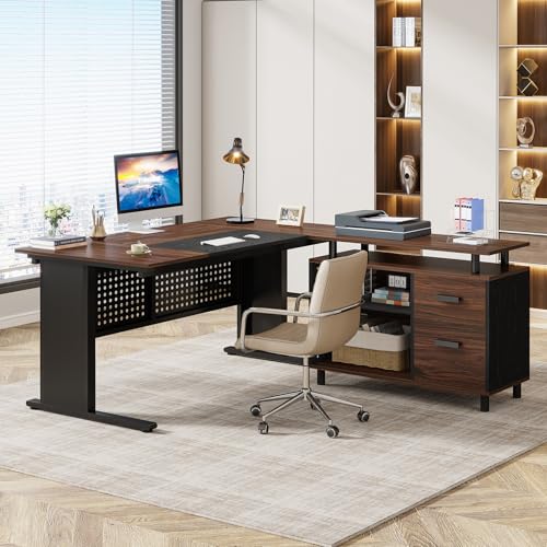 Tribesigns 63 Inch Executive Desk with File Cabinet, L Shaped Office Desk