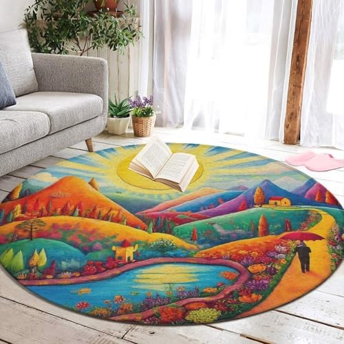 Large Round Area Rug Home Decor Modern Bathroom Rug Kitchen Office Circle Rug for Living Room Sofa Circle Cute Mat Colorful Red Cottage Landscape Art, 60inch
