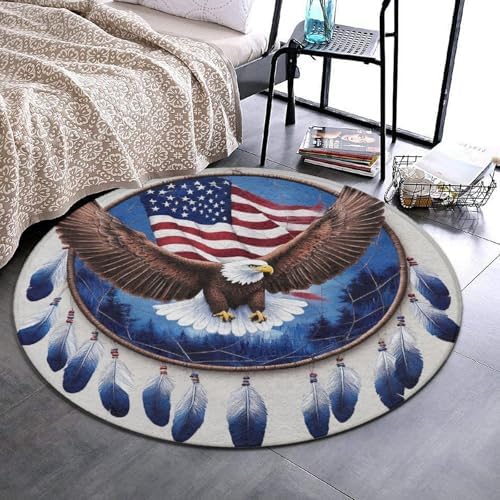 Large Round Area Rug Home Decor Modern Bathroom Rug Kitchen Office Circle Rug for Living Room Sofa Circle Cute Mat Boho Totem Native American Flag Eagle Dream Catcher, 60inch