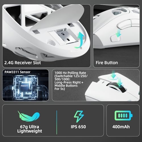 Aula SC620 Wireless Gaming Mouse, Tri-Mode 2.4GHz/USB-C/BT5.3 Computer Mouse with 12000 DPI, Programmable Macro Gamer Mouse with Rapid Fire Key, RGB Light White Gaming Mice for PC/Laptop/Mac