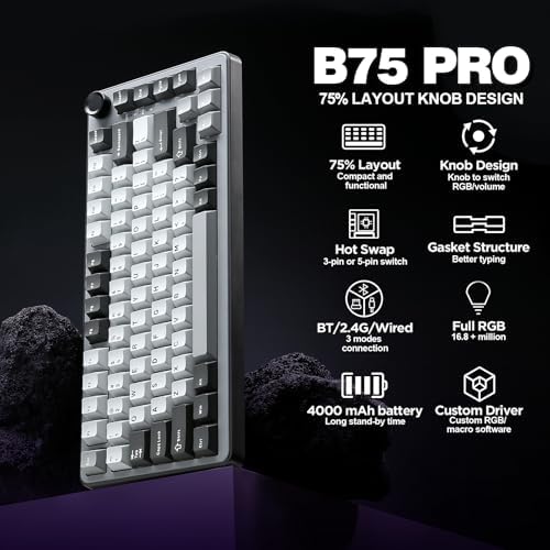 YUNZII B75 PRO 75% Wireless Mechanical Keyboard (Dark Grey,Cocoa V2)