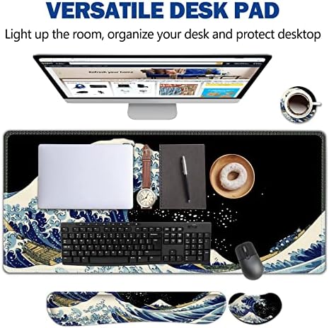 AIMSA Large Gaming Mouse Pad Set, Keyboard Wrist Rest Support Mouse Pad, Ergonomic Memory Foam Multifunctional Extended Desk Mat 35x15.7in Anti-Slip Rubber Base for Office Home, Big Waves