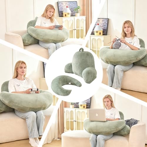 17" Reading Pillow for Bed,U Shaped Arm & Elbow Support,Green Faux Fur