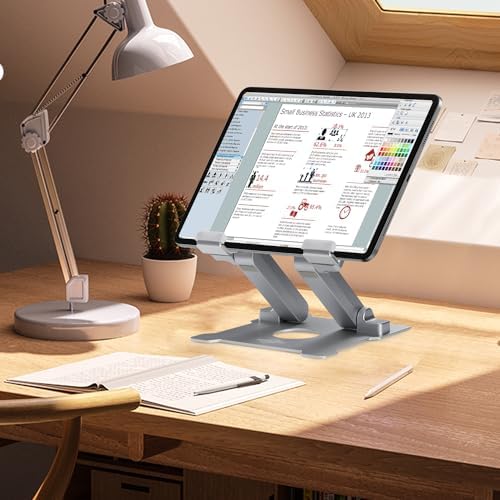 KABCON Quality Tablet Stand,Adjustable Foldable Eye-Level Aluminum Solid Up to 15-in Tablets Holder for Microsoft Surface Series Tablets,iPad Series,Samsung Galaxy Tabs,Amazon Kindle Fire,Etc.Silver