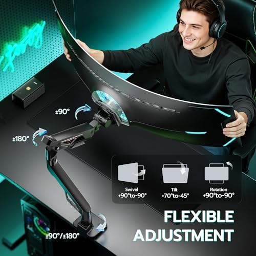 ARES WING Ultrawide Gas Spring Monitor Arm 57"66Lbs VESA Clamp Grommet Base