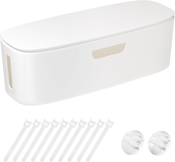Cable Management Box - Large Cord Organizer Box to Hide Power Strip & Under Desk, TV Computer Wires Cable Organizer Box with Baby Proofs, Desk Cord Organizer for Home/Office - White