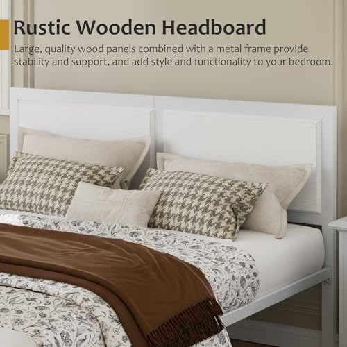 Queen Size Bed Frame with Headboard, Heavy-Duty Metal Platform Bedframe & Wood-Grain Finish Board, No Box Spring Needed, Easy Assembly, White