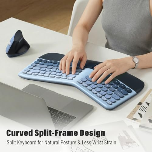 MOFII Wireless Ergonomic Keyboard and Mouse Combo, Split Curved Keyboard with Wrist Rest, Vertical Mouse, 2.4G, for PC Laptop Desktop Mac- Blue Gradient Colorful