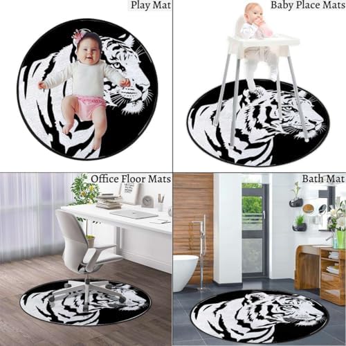 Black Lines Round Office & Gaming Chair Mat for Hardwood Floors, Tiger Profile Jungle Animal Anti-Slip Computer Desk Protector, Durable Floor Mat, Black White Diameter 35.4 in