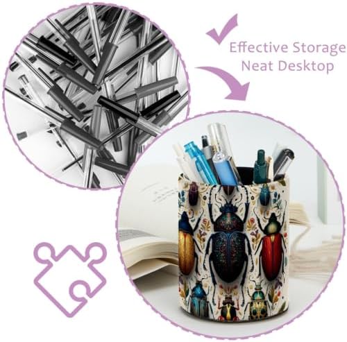 Leather Pen Holder for Desk, Circular Beetle Pencil Cup Pen Organizer Makeup Brush Holder for Office Home Kids Countertop Desk Accessory Storage