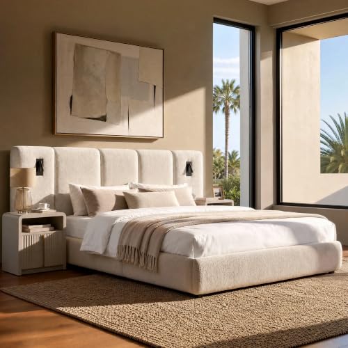 Queen Upholstered Bed Frame with Extended Headboard, Beige