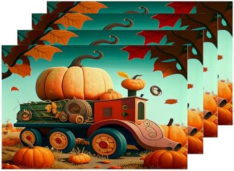 Shrahala Autumn Pumpkin Harvest Set Of 4 12 X 18 Inch Linen Placemats , Trucks Rice Paddies Cartoons Art Burlap Table Mat Washable Double Layered Heat Insulation For Indoor/Outdoor