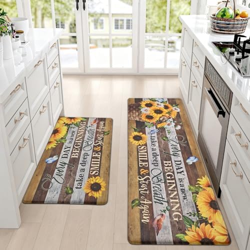 Likiyol Sunflower Kitchen Rugs Set of 2 Farmhouse Kitchen Mats for Floor, Anti Fatigue Mats for Kitchen Floor Butterfly Floral Floor Mat Non Slip Washable, 18''x 30''+18''x 48''