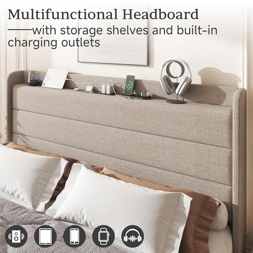 King Linen Multifunctional Bed with Charging Station & Storage Headboard