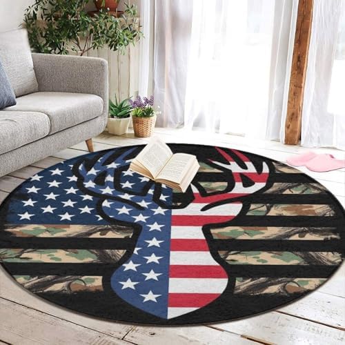 Circular Rugs Large Modern Round Area Rug Fashion Decor Mat for Home Office Camo Deer Hunting Camouflage USA Flag