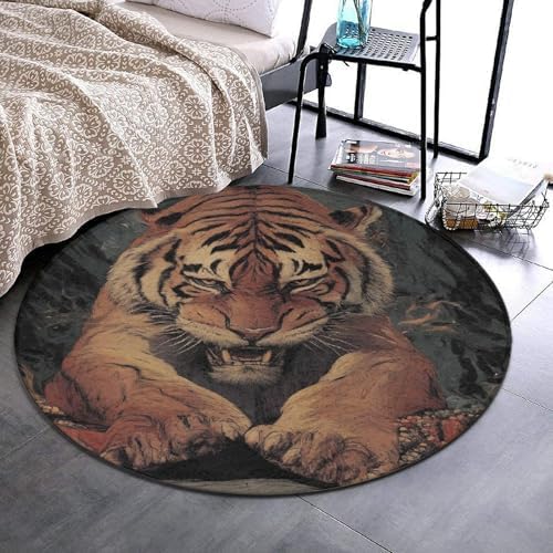 Highly Premium Quality Floor Mat, Office Chair Decor Mat, Room Sofa Yoga Soft Round Carpet Animal King Cool Tiger Art, 60inch