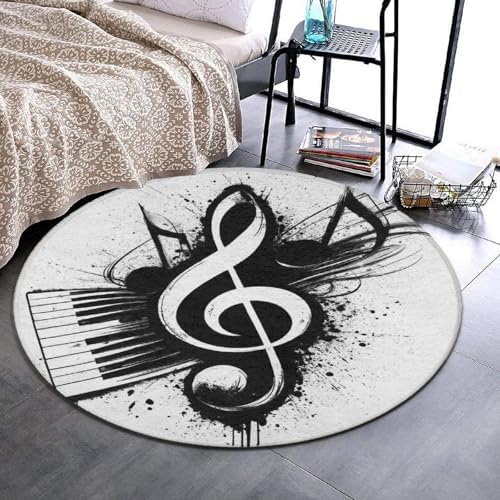 Women's Large Home Decor Mat, Soft Round Yoga Carpet, Non Slip Machine Washable Home Office Circle Rug Abstract Music Note Piano