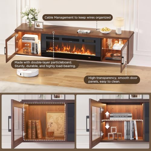 70" Floating TV Stand with Fireplace, Brown