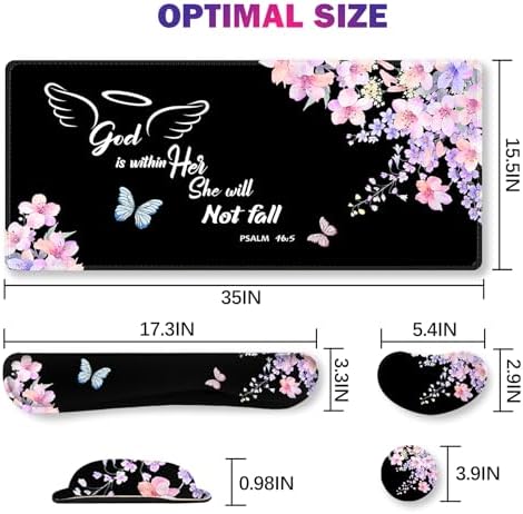 ARTSO Large Mouse Pad Keyboard Wrist Rest Support Combo, Memory Foam Wrist Pad, Extended Desk Mat Protector, God is Within Her Desk Blotter, Psalm Flower Butterfly