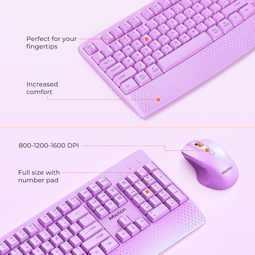 MEETION Wireless Keyboard and Mouse Combo, Full-Size with Wrist Rest Purple