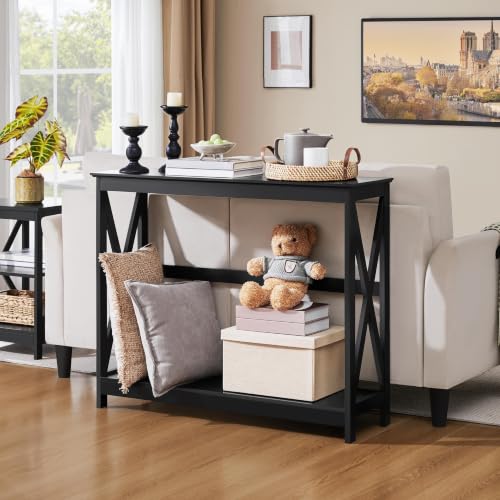 Narrow Black Entryway Console Table, 2-Tier X-Frame Storage Shelf