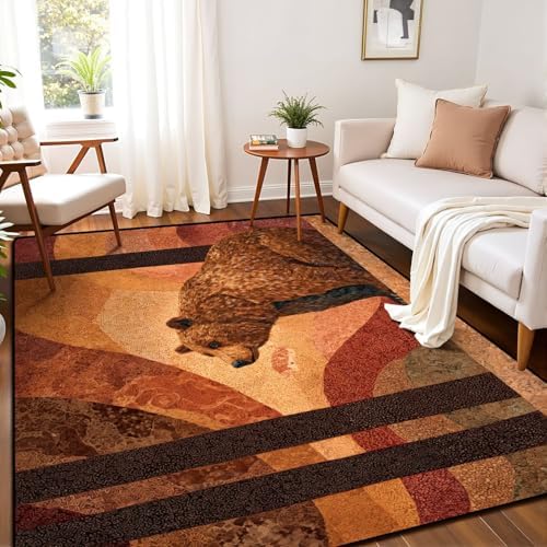 Peaceful Bear Amidst Tall Pines Soft Painted Area Rug Outdoor Patio Rug Play Mat Modern Floor Carpet Non-Slip Home Decor Living Room Kids Bedroom Nursery, 6x9 ft