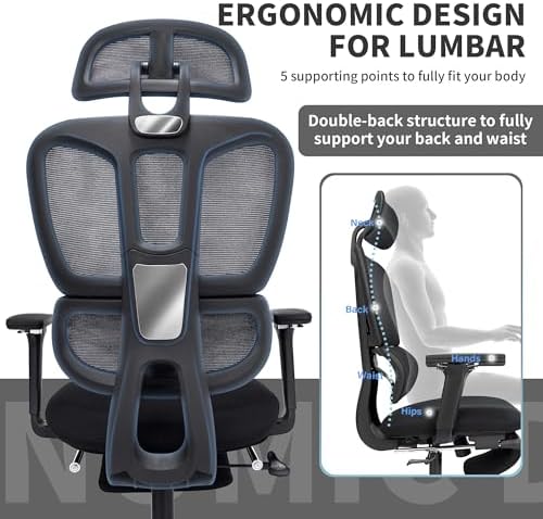 Ergonomic Office Chair with Footrest, 90-135° Reclining High Back Desk Chair with Lumbar Support, 2D Headrest, 4D Armrests, Computer Chair for Long Hours, Black