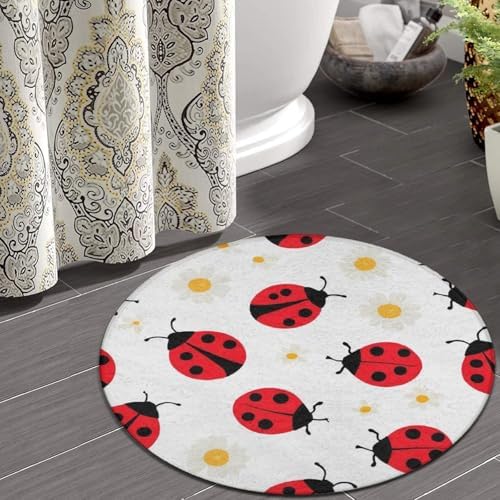 Large Home Decor Mat, Soft Round Yoga Carpet, Non Slip Machine Washable Home Office Circle Rug Red Cartoon Ladybug Pattern