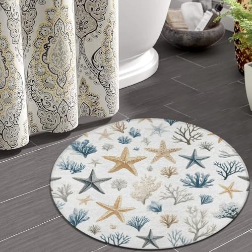 Soft Round Yoga Carpet, Office Chair Decor Round Mat for Carpet and Hardwood Floors Coral Seashell Starfish
